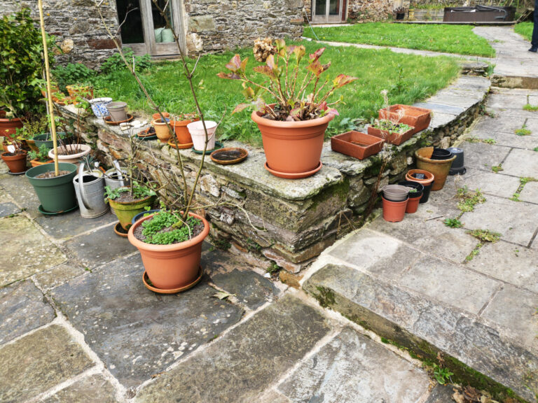 Reclaimed stone patio and travertine limestone path